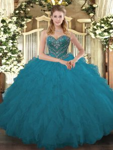 Dazzling Sleeveless Tulle Floor Length Lace Up Quinceanera Dresses in Teal with Beading and Ruffled Layers