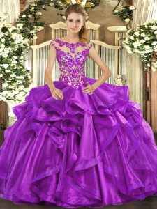 Custom Fit Eggplant Purple Ball Gowns Appliques and Ruffles Vestidos de Quinceanera Lace Up Organza Cap Sleeves Floor Length