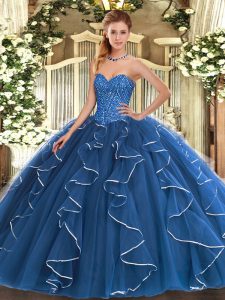 Blue Sweetheart Lace Up Beading and Ruffles Ball Gown Prom Dress Sleeveless