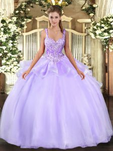 Lavender Sleeveless Organza Lace Up 15 Quinceanera Dress for Military Ball and Sweet 16 and Quinceanera