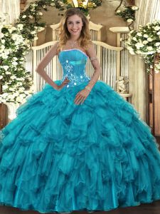 Customized Teal Ball Gowns Strapless Sleeveless Organza Floor Length Lace Up Beading and Ruffles Quinceanera Gowns