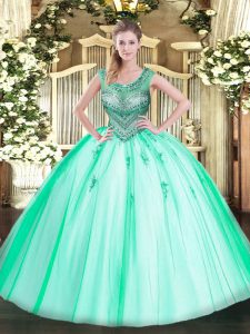 Ball Gowns Quinceanera Dress Apple Green Scoop Tulle Sleeveless Floor Length Lace Up