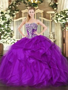 Sophisticated Organza Strapless Sleeveless Lace Up Beading and Ruffles Quinceanera Dress in Purple