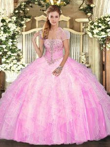 Beautiful Tulle Strapless Sleeveless Lace Up Appliques and Ruffles 15 Quinceanera Dress in Rose Pink