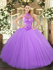Excellent Lavender Tulle Lace Up Halter Top Sleeveless Floor Length Vestidos de Quinceanera Beading and Embroidery