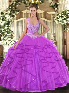 Popular Straps Sleeveless Tulle Quince Ball Gowns Beading and Ruffles Lace Up