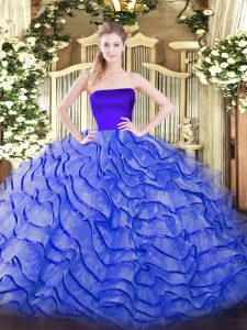 Modest Tulle Strapless Sleeveless Brush Train Zipper Ruffles Ball Gown Prom Dress in Blue