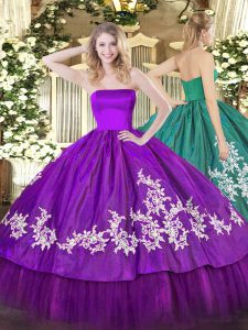 Purple Ball Gowns Strapless Sleeveless Organza and Taffeta Floor Length Zipper Embroidery 15th Birthday Dress