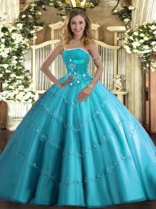 High Quality Floor Length Aqua Blue Quinceanera Gowns Tulle Sleeveless Beading and Appliques and Ruffled Layers