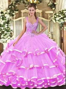 Custom Fit Sleeveless Floor Length Beading and Ruffled Layers Lace Up Quinceanera Dresses with Lilac