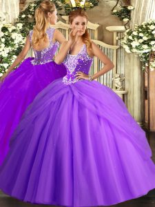 Edgy Lavender Quince Ball Gowns Military Ball and Sweet 16 and Quinceanera with Beading and Pick Ups Straps Sleeveless Lace Up