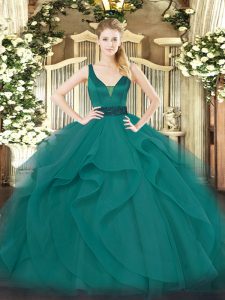 Sumptuous Teal Tulle Zipper Straps Sleeveless Floor Length 15th Birthday Dress Beading and Ruffles