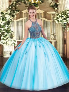 Aqua Blue Ball Gowns Halter Top Sleeveless Tulle Floor Length Lace Up Beading and Appliques 15 Quinceanera Dress