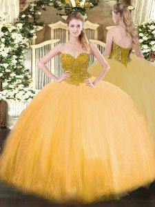 Sleeveless Tulle Floor Length Lace Up Quinceanera Dress in Gold with Beading