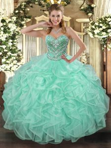 Stunning Beading and Ruffles 15 Quinceanera Dress Apple Green Lace Up Sleeveless Floor Length