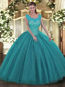 Tulle and Sequined Scoop Sleeveless Backless Beading Quince Ball Gowns in Teal