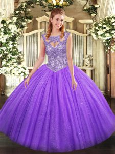 Scoop Sleeveless Tulle Quinceanera Gowns Beading Lace Up