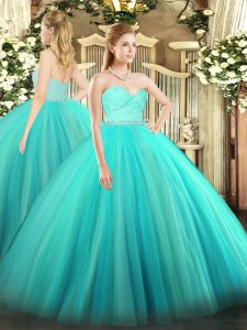 Customized Turquoise Sweetheart Neckline Beading and Lace Quinceanera Dresses Sleeveless Zipper