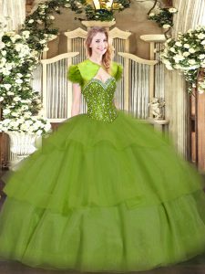 Artistic Olive Green Ball Gowns Sweetheart Sleeveless Tulle Floor Length Lace Up Beading and Ruffled Layers Quinceanera Gown