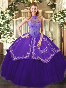 Halter Top Sleeveless Tulle Ball Gown Prom Dress Beading and Embroidery Lace Up