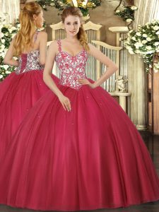 Ball Gowns 15 Quinceanera Dress Coral Red Straps Tulle Sleeveless Floor Length Lace Up
