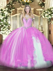 Affordable Sweetheart Sleeveless Quince Ball Gowns Floor Length Beading and Ruffles Lilac Tulle