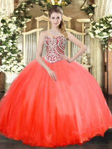 Best Coral Red Ball Gowns Sweetheart Sleeveless Tulle Floor Length Lace Up Beading 15th Birthday Dress