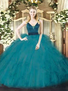 Teal Ball Gowns Beading and Ruffles Ball Gown Prom Dress Zipper Tulle Sleeveless Floor Length