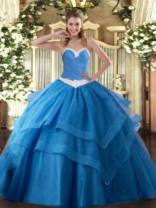 Glamorous Appliques and Ruffled Layers Quinceanera Gowns Baby Blue Lace Up Sleeveless Floor Length