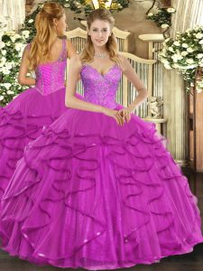 Lovely Beading and Ruffles Sweet 16 Dresses Fuchsia Lace Up Sleeveless Floor Length