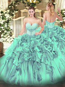 Excellent Turquoise Organza Lace Up Sweetheart Sleeveless Floor Length Quinceanera Gowns Beading and Ruffles