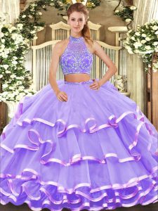 New Style Lavender Two Pieces Beading and Ruffled Layers Quinceanera Dresses Criss Cross Tulle Sleeveless Floor Length
