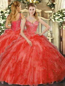 Tulle V-neck Sleeveless Lace Up Beading and Ruffles Sweet 16 Dress in Red