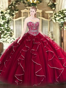 Beading and Ruffles 15th Birthday Dress Wine Red Lace Up Sleeveless Floor Length