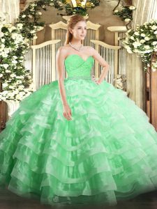 Cheap Apple Green Tulle Zipper Quinceanera Gowns Sleeveless Floor Length Beading and Lace and Ruffled Layers
