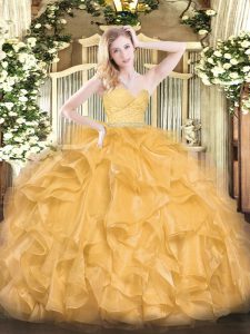 Graceful Beading and Lace and Ruffles 15th Birthday Dress Gold Zipper Sleeveless Floor Length