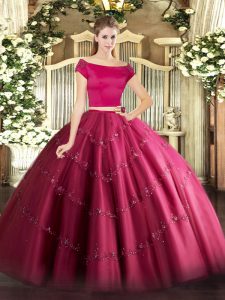 Hot Pink Two Pieces Appliques Quince Ball Gowns Zipper Tulle Short Sleeves Floor Length