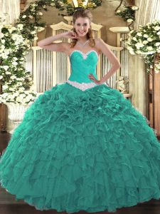 Turquoise Organza Lace Up Ball Gown Prom Dress Sleeveless Floor Length Appliques and Ruffles