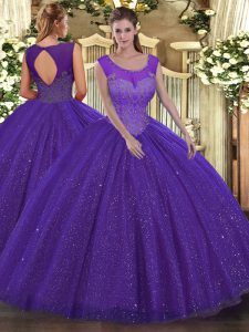 Floor Length Backless Sweet 16 Quinceanera Dress Purple for Military Ball and Sweet 16 and Quinceanera with Beading