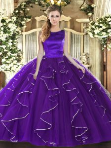 Super Ball Gowns Vestidos de Quinceanera Purple Scoop Tulle Sleeveless Floor Length Lace Up