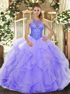 Extravagant Lavender Lace Up Ball Gown Prom Dress Beading and Ruffles Sleeveless Floor Length