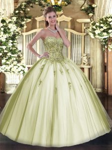 Luxury Olive Green Ball Gowns Sweetheart Sleeveless Tulle Floor Length Lace Up Beading Sweet 16 Dresses