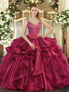Most Popular Wine Red Straps Lace Up Beading and Ruffles Sweet 16 Dresses Sleeveless