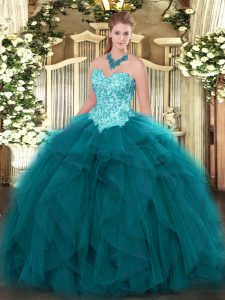 Teal Sleeveless Organza Lace Up Sweet 16 Quinceanera Dress for Military Ball and Sweet 16 and Quinceanera