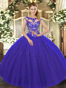 Scoop Cap Sleeves Sweet 16 Dress Floor Length Beading and Appliques Royal Blue Tulle