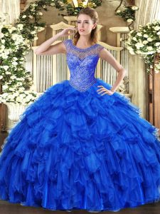 Top Selling Floor Length Royal Blue Quince Ball Gowns Scoop Sleeveless Lace Up