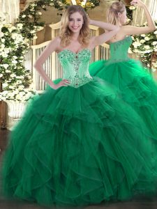 Noble Dark Green Lace Up Sweetheart Beading and Ruffles Quinceanera Gown Organza Sleeveless