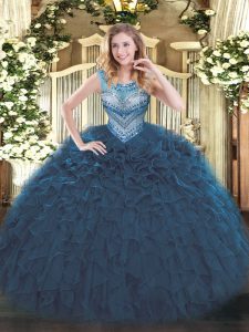 Suitable Scoop Sleeveless 15th Birthday Dress Floor Length Beading and Ruffles Navy Blue Organza