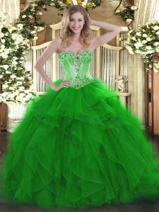 High End Green Sweetheart Lace Up Beading and Ruffles Vestidos de Quinceanera Sleeveless