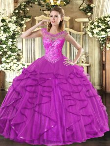 Low Price Fuchsia Sweetheart Neckline Beading and Ruffles 15th Birthday Dress Sleeveless Lace Up